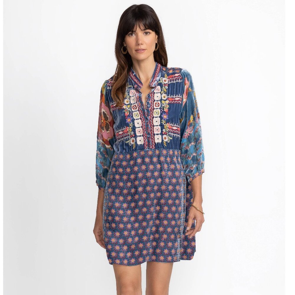 Johnny Was Vember Burnout Gweneth Dress Flowers Velvet Floral Blue New